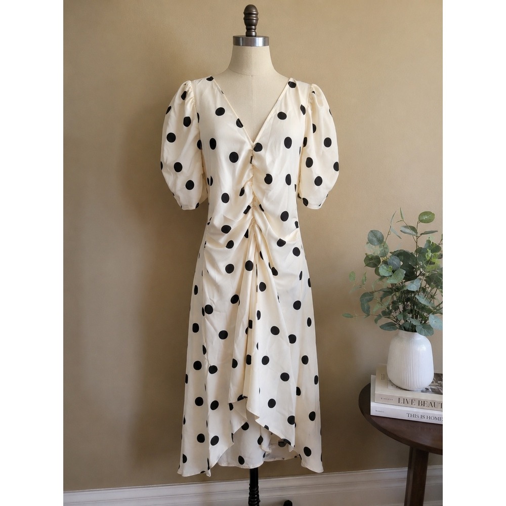 A New Day Polka Dot Midi Dress Womens XS Cream Excellent Puff Sleeve Ruched Retr